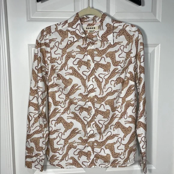 Boden Sienna Cotton Shirt Size 6 Leaping Leopard Button Up White Tan Long Sleeve - Picture 7 of 16